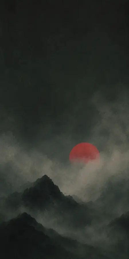 A blood-red sun drowning in mist — calm on the surface, chaos underneath. 4K wallpaper for desktop and mobile - Pixbee