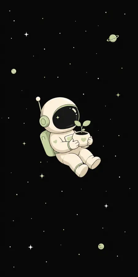 A cute little astronaut floating through space while protecting a tiny plant 🌱🚀✨ 4K wallpaper for desktop and mobile - Pixbee