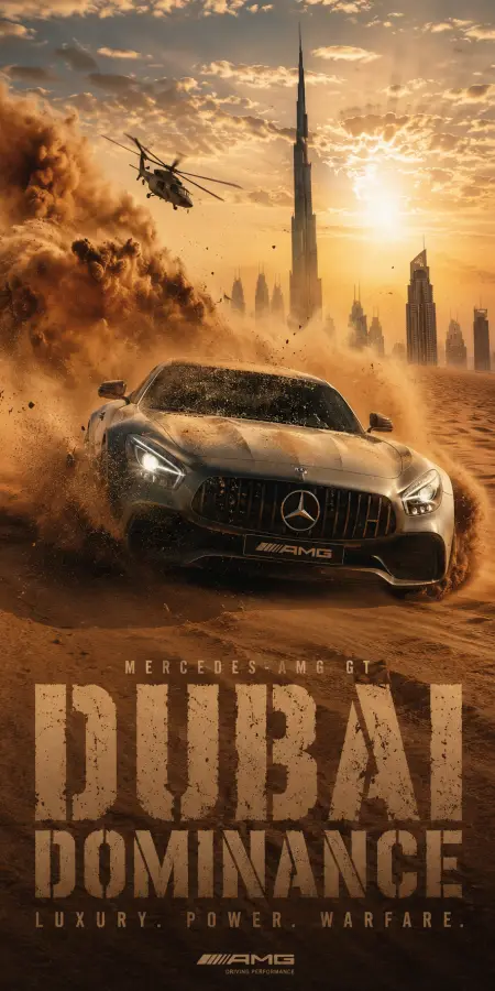 A fierce Mercedes-AMG GT tearing through Dubai’s desert storm with explosive power, luxury, and unstoppable dominance against the iconic skyline at sunset 🏜️🚘🔥🌆 4K wallpaper for desktop and mobile - Pixbee