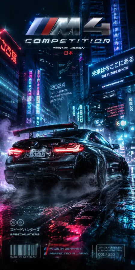 A futuristic BMW M4 Competition roaring through neon-lit Tokyo streets, blending German engineering with Japanese night-racing vibes in a breathtaking cyberpunk atmosphere 🌃🏎️⚡🇯🇵 4K wallpaper for desktop and mobile - Pixbee
