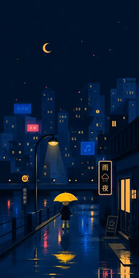 A lonely midnight walk through a glowing rainy city with a yellow umbrella 🌧️🌙☂️✨ 4K wallpaper for desktop and mobile - Pixbee