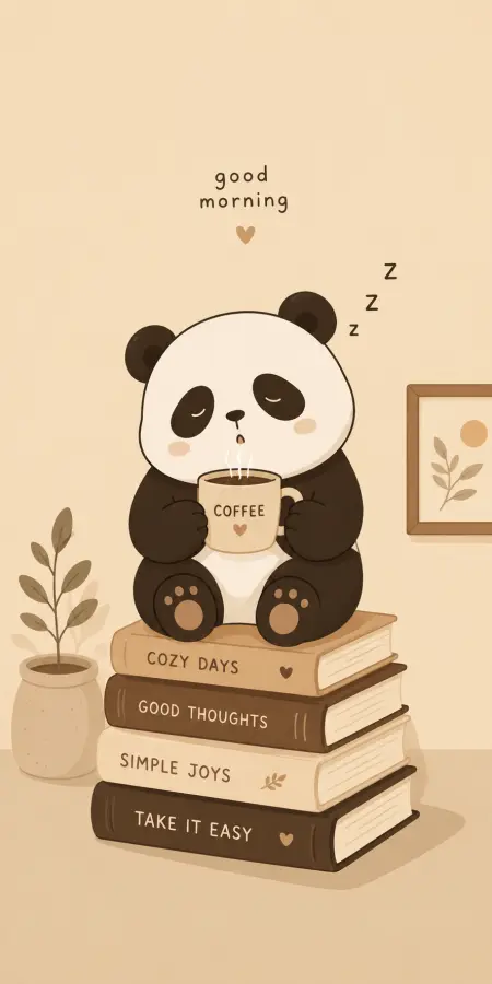 A sleepy little panda enjoying morning coffee on a stack of cozy books ☕🐼📚✨ 4K wallpaper for desktop and mobile - Pixbee