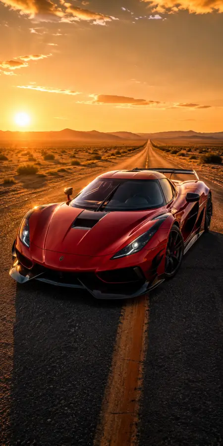 A stunning red hypercar blazing through an endless desert highway at sunset, capturing pure speed, freedom, and adrenaline in one breathtaking moment 🌅🏎️🔥🛣️ 4K wallpaper for desktop and mobile - Pixbee