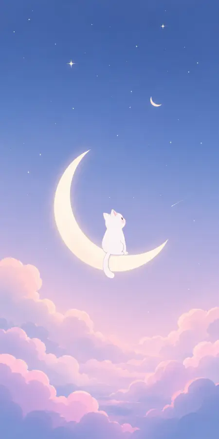 A tiny white kitten sitting peacefully on the moon above dreamy cotton-candy clouds 🌙☁️🐱✨ 4K wallpaper for desktop and mobile - Pixbee