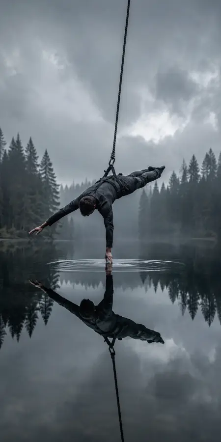 Acrobatic Acrobat Hanging Over Reflective Lake — ue5 phone wallpaper