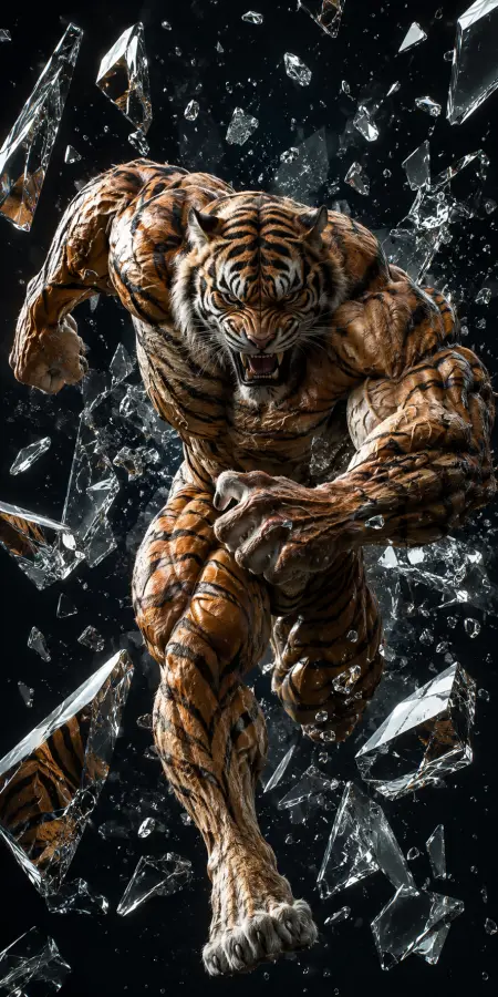 Aggressive Bengal Tiger Charging Through Shattered Glass 4K wallpaper for desktop and mobile - Pixbee