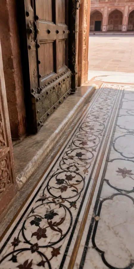Ancient Carved Wooden Door And Marble Floor — islamic wallpaper phone wallpaper
