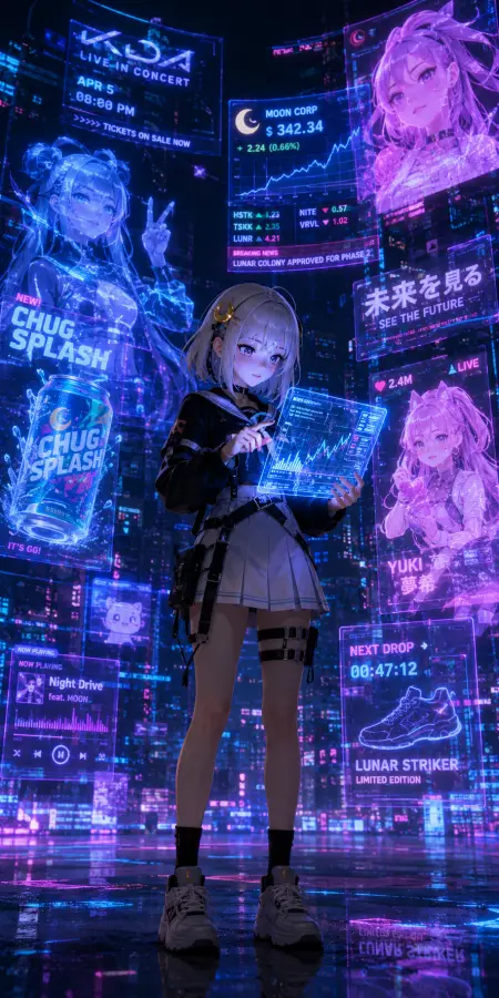Anime Girl Cyberpunk Tokyo Hologram Screen Interface 4K wallpaper for desktop and mobile - Pixbee