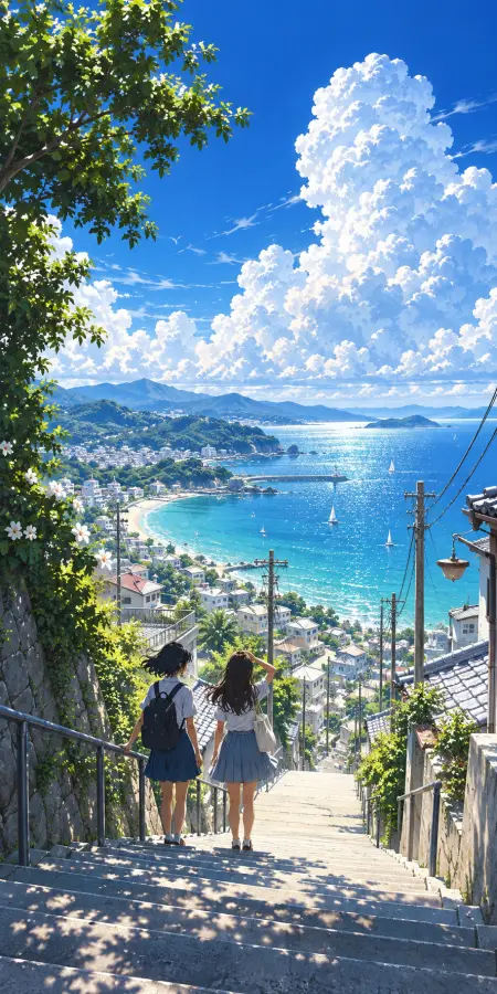 Anime Girls Coastal Town Sea View — iphone 18 pro max phone wallpaper