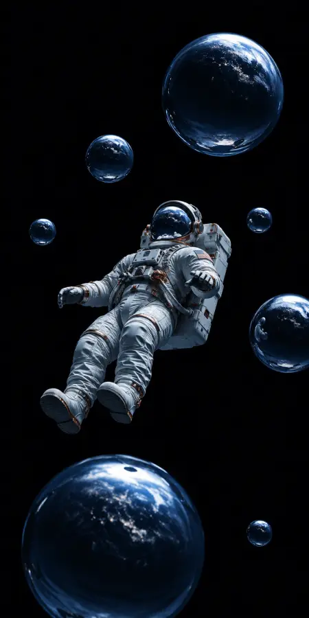 Astronaut Floating Among Water Bubbles In Space — ue5 phone wallpaper