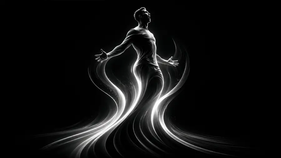 Athlete Celebrating with Ethereal Light Trails Flowing Upward 4K wallpaper for desktop and mobile - Pixbee