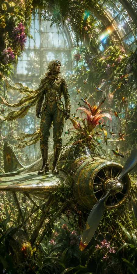 Aviator Standing On Vintage Airplane In Greenhouse — ue5 phone wallpaper