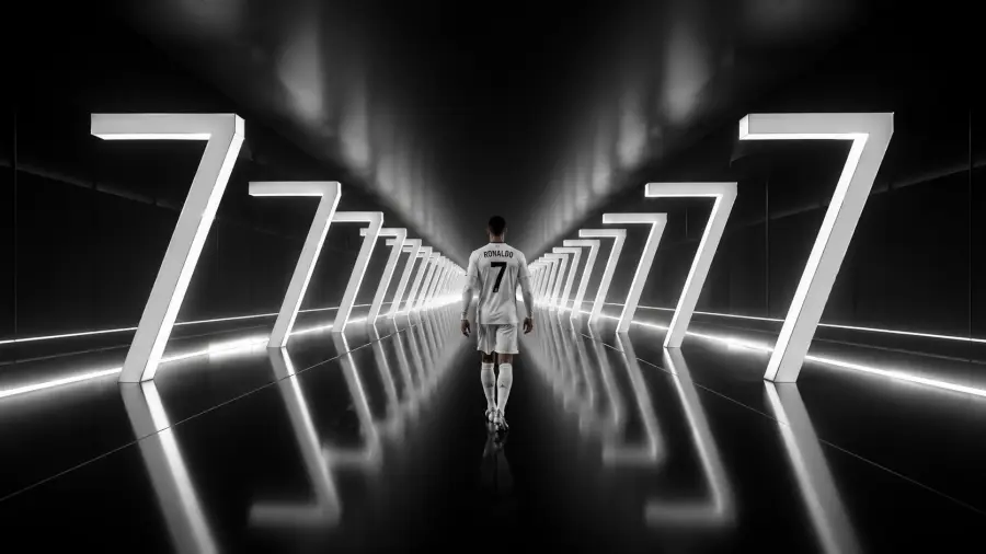 Back View of Ronaldo Walking Down a Corridor of Glowing Number Sevens 4K wallpaper for desktop and mobile - Pixbee