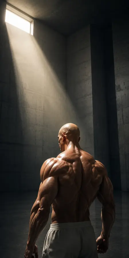 Bald Muscular Man Back View In Concrete Room 4K wallpaper for desktop and mobile - Pixbee