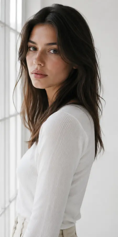 Beautiful Brunette Woman Posing Near Studio Window 4K wallpaper for desktop and mobile - Pixbee