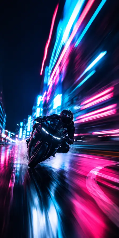 Biker Speeding Through Neon City Street — ue5 phone wallpaper