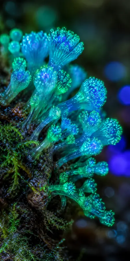 Bioluminescent Glowing Microscopic Fungi Macro Shot 4K wallpaper for desktop and mobile - Pixbee