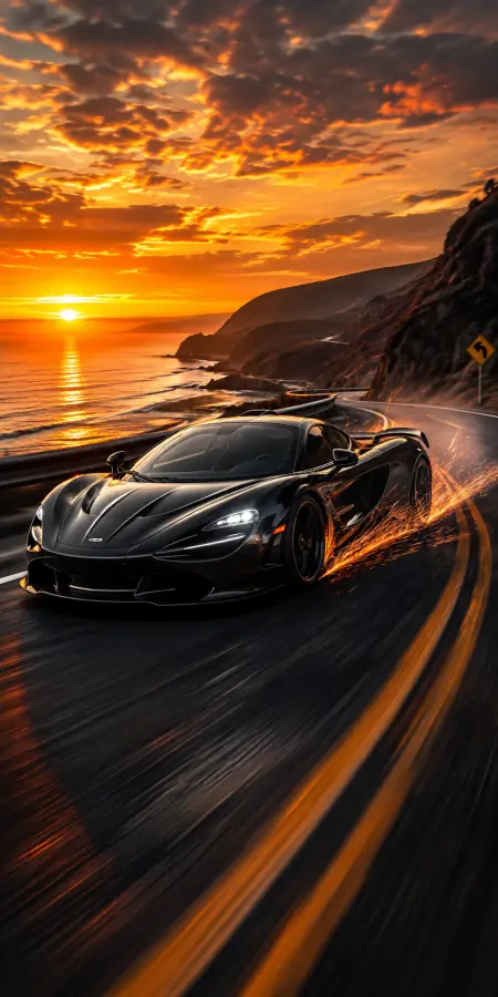 Black Mclaren 720S Coastal Road Sunset — cars phone wallpaper