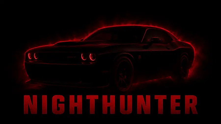 Black Muscle Car Silhouette Illuminated by a Deep Red Smoky Outline Above Crimson Nighthunter Typography 4K wallpaper for desktop and mobile - Pixbee