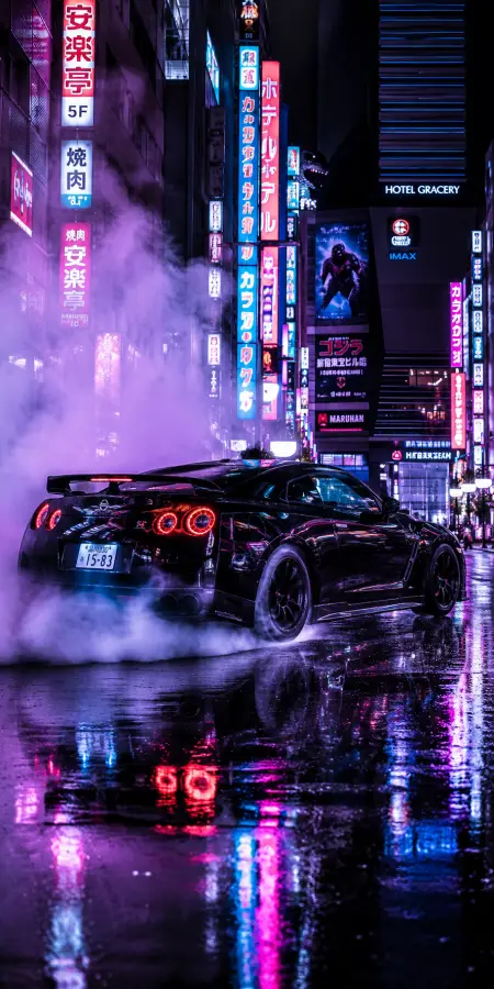 Black Nissan Gtr Drifting Neon City — cars phone wallpaper