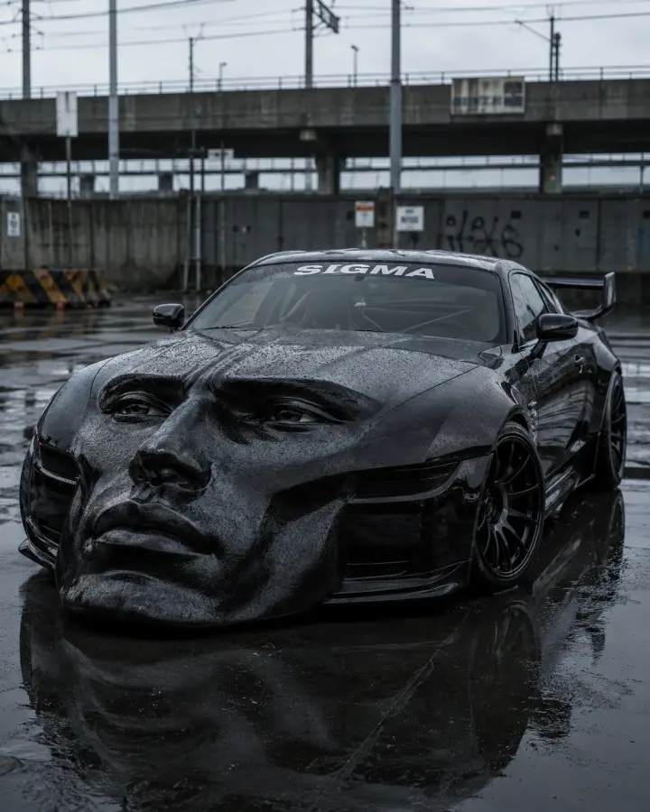 Black Sports Car With Gigachad Face — stock images phone wallpaper