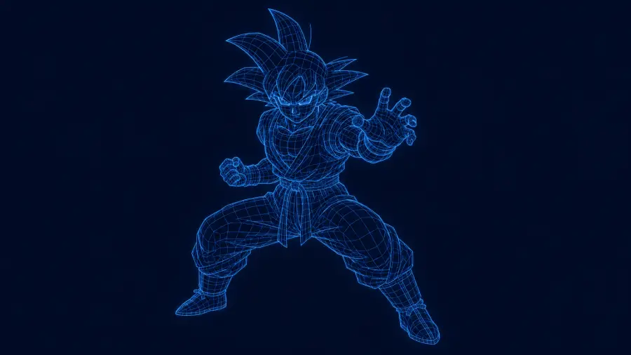 Blue Neon Wireframe 3D Grid Model of Goku in a Martial Arts Combat Stance 4K wallpaper for desktop and mobile - Pixbee