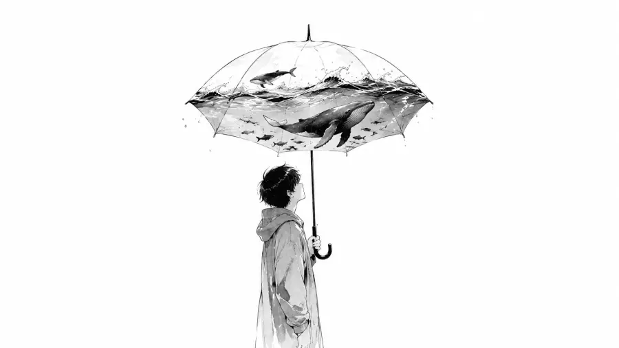 Boy Looking Up at Whales Swimming Inside a Clear Umbrella 4K wallpaper for desktop and mobile - Pixbee