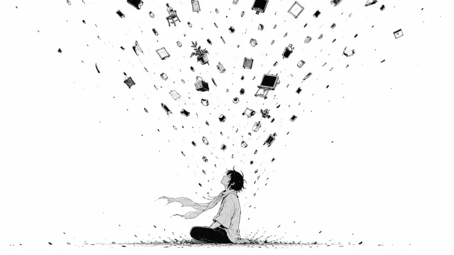 Boy Sitting Under a Cascade of Floating Everyday Objects 4K wallpaper for desktop and mobile - Pixbee