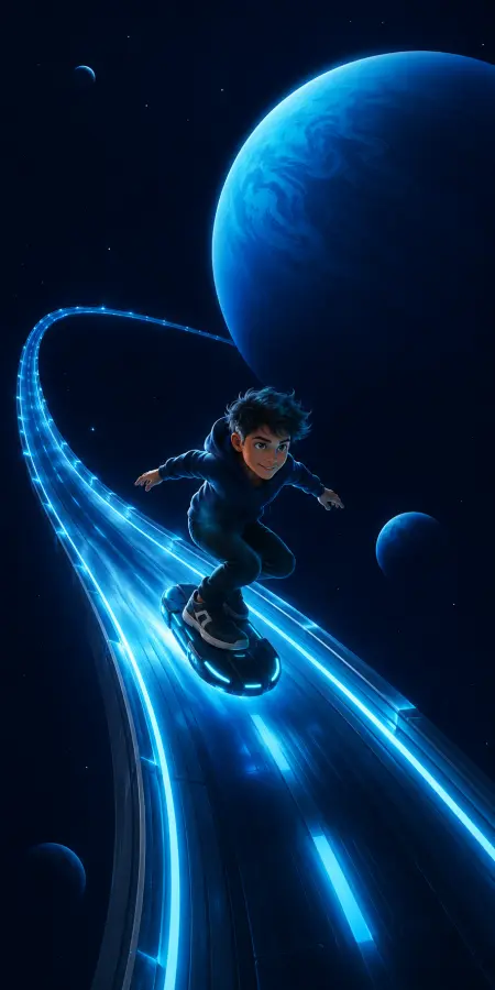Boy Surfing On Cyberpunk Light Trail Road 4K wallpaper for desktop and mobile - Pixbee