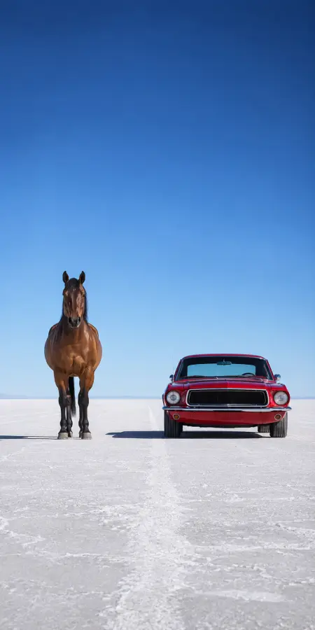 Brown Horse Beside Red Ford Mustang — cars phone wallpaper