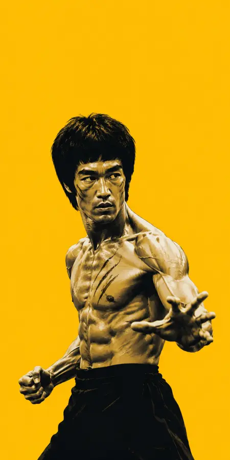 Bruce Lee High Contrast Fighting Stance Yellow Background 4K wallpaper for desktop and mobile - Pixbee