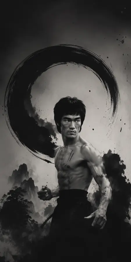 Bruce Lee Monochrome Ink Wash Style Zen Enso Circle 4K wallpaper for desktop and mobile - Pixbee