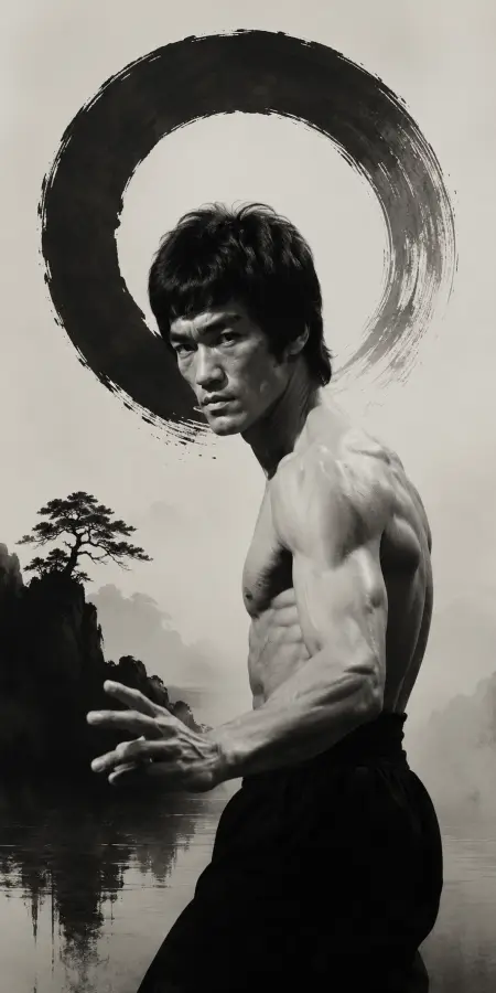 Bruce Lee Side Profile Fighter Stance Sumi-e Art 4K wallpaper for desktop and mobile - Pixbee