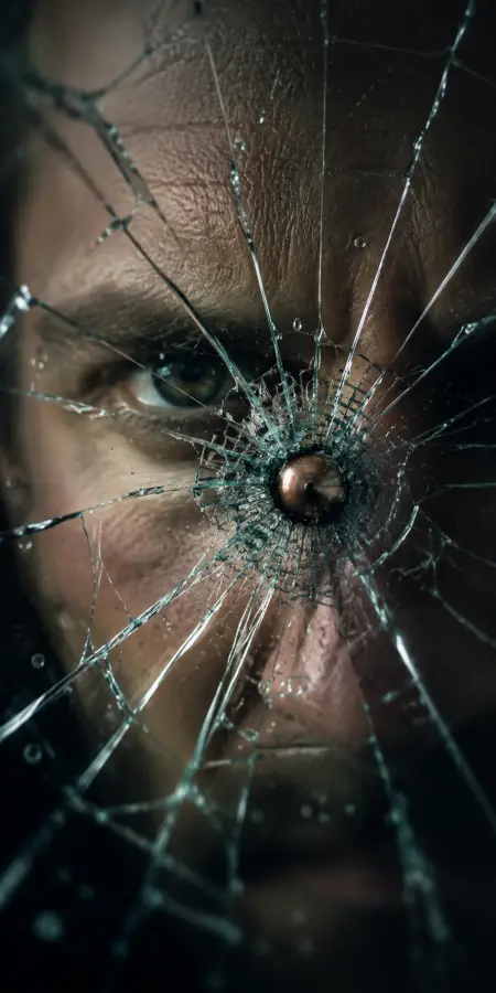 Bullet Impacting Shattered Glass Near Eye — ue5 phone wallpaper