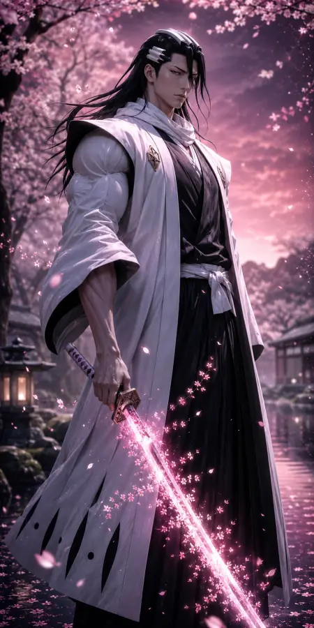 Byakuya Kuchiki Holding Glowing Pink Katana 4K wallpaper for desktop and mobile - Pixbee