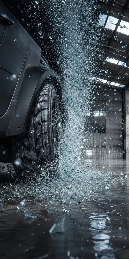 Car Wheel Splashing Through Water Splash — ue5 phone wallpaper