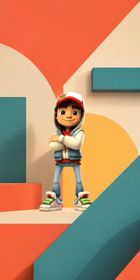 Cartoon Boy Standing Against Geometric Shapes 4K wallpaper for desktop and mobile - Pixbee