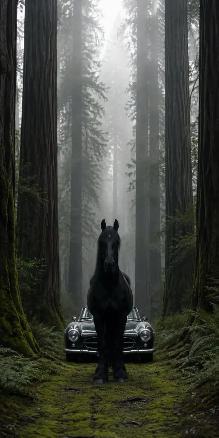 Classic Mercedes Gullwing Behind Black Horse — cars phone wallpaper