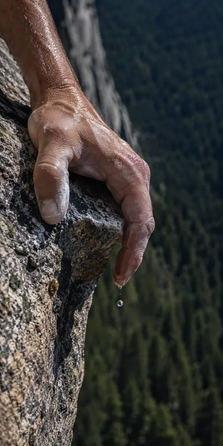 Climber Hand Gripping Cliff Edge With Water — ue5 phone wallpaper