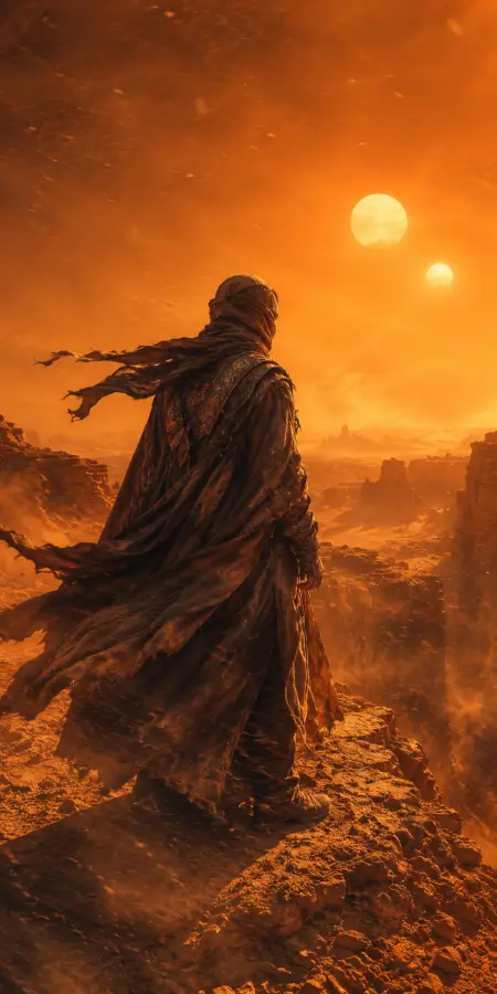 Cloaked Nomad Standing In Desert Twin Suns — ue5 phone wallpaper