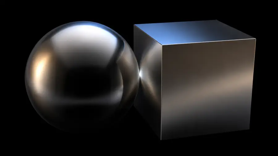 Close Up of a Polished Metallic Chrome Sphere Touching a Matte Metal Cube 4K wallpaper for desktop and mobile - Pixbee