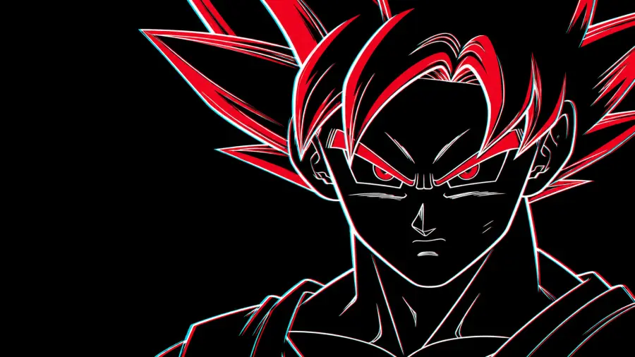 Close-Up Vector Outline of Goku with Glitch Chromatic Aberration and Red Eyes 4K wallpaper for desktop and mobile - Pixbee