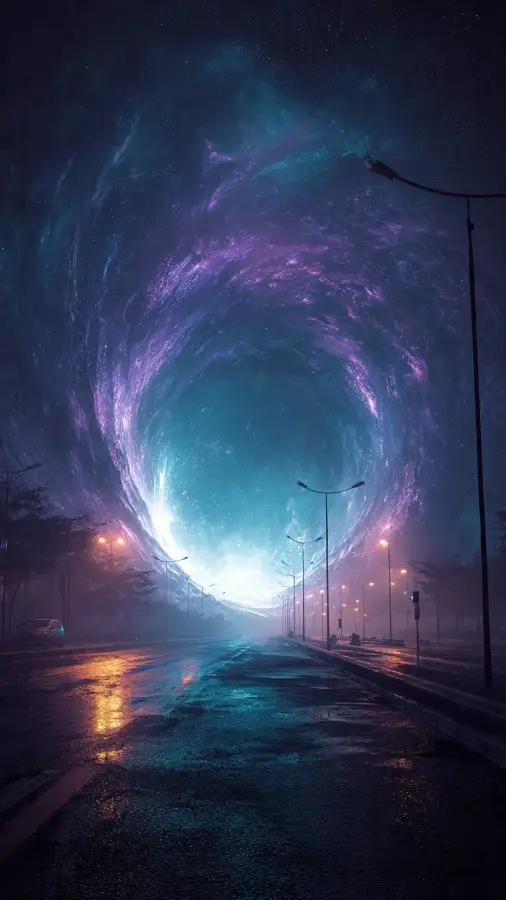 Cosmic Portal Opening Over Empty City Street 4K wallpaper for desktop and mobile - Pixbee