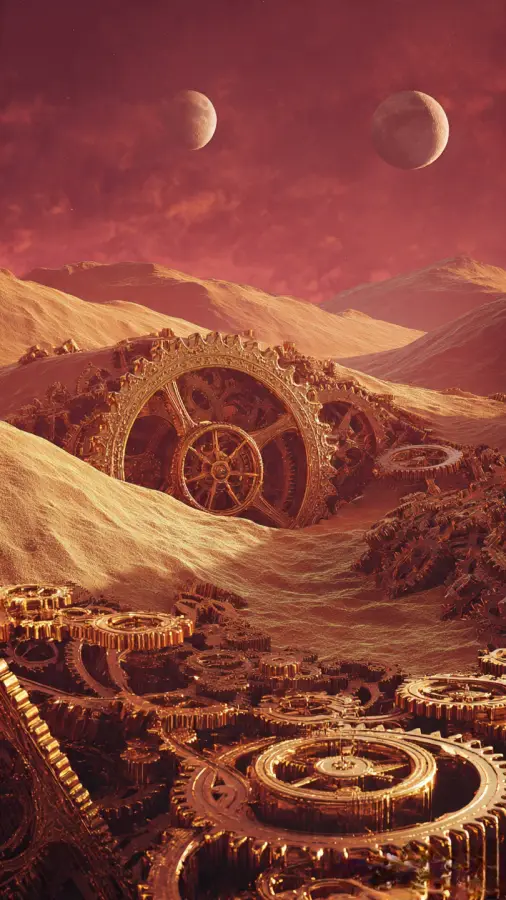 Crimson Clockwork Desert 4K wallpaper for desktop and mobile - Pixbee