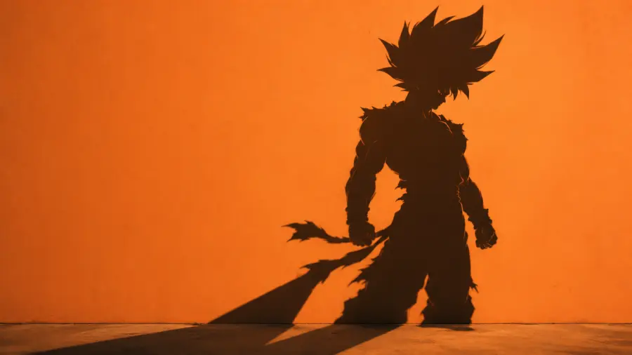 Crisp Shadow Silhouette of Goku Standing Against a Vibrant Textured Orange Wall 4K wallpaper for desktop and mobile - Pixbee
