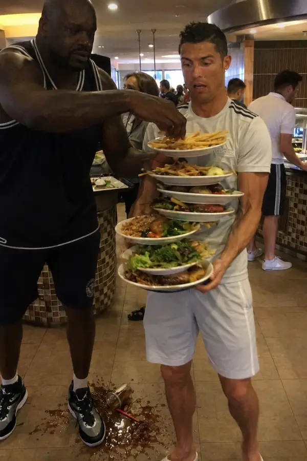 “Cristiano Ronaldo carrying enough plates for a family wedding while Shaq casually steals fries like it’s a buffet speedrun.” 4K wallpaper for desktop and mobile - Pixbee