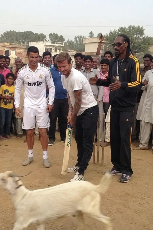 “Cristiano Ronaldo, David Beckham, and Snoop Dogg starting a village cricket match while the goat steals the spotlight.” 4K wallpaper for desktop and mobile - Pixbee