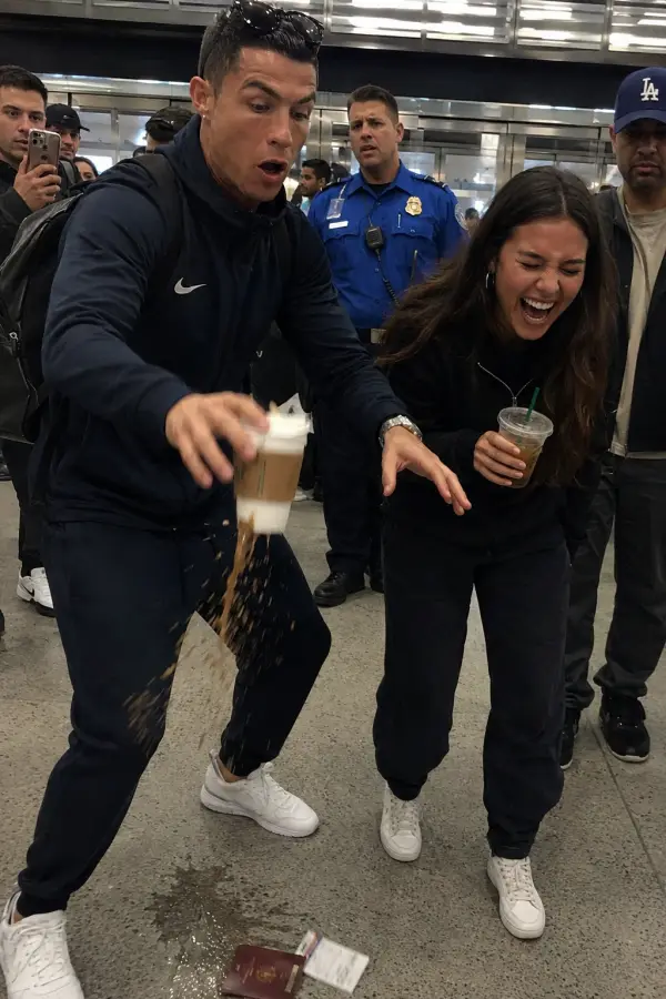 “Cristiano Ronaldo dropping his coffee and passport while Selena Gomez loses it laughing at the airport chaos.” 4K wallpaper for desktop and mobile - Pixbee