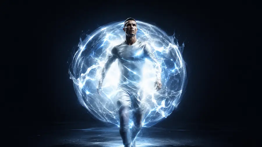 Cristiano Ronaldo Emerging from a Concentrated Sphere of Blue Lightning 4K wallpaper for desktop and mobile - Pixbee