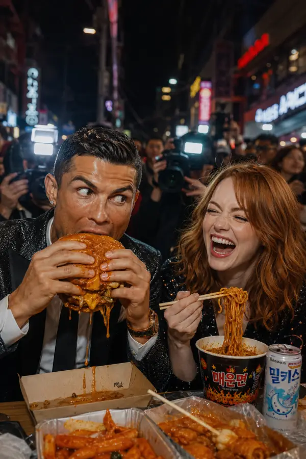 “Cristiano Ronaldo & Emma Stone — Chaotic Street Food Night.” 4K wallpaper for desktop and mobile - Pixbee